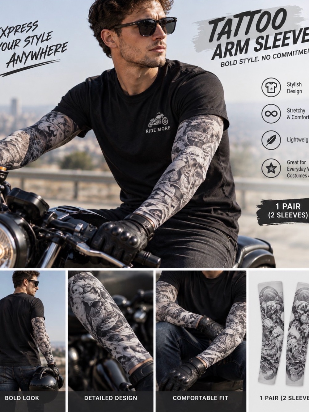 Men’s Fake Tattoo Arm Sleeves Gray Black Graphic Costume Accessories